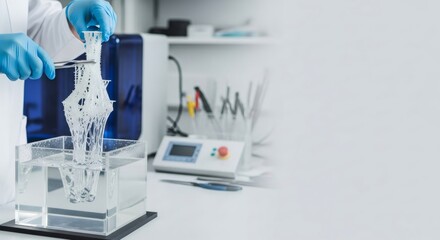 Scientist cleaning bioprinted tissue scaffold in liquid with tweezers for medical research. Modern biotechnology and regenerative medicine.