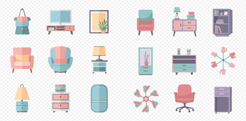 Collection of modern flat design furniture and household items in soft pastel colors, including chairs, tables, cabinets, and decor.