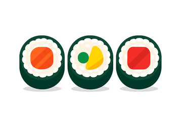 Three Japanese maki sushi rolls with rice, seaweed, and colorful fillings © Mark