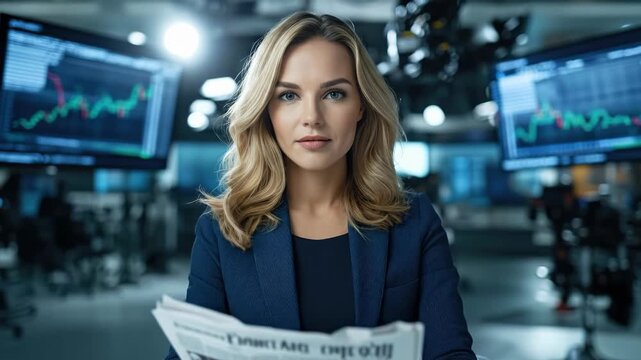 A blonde newsreader presents the news from a television studio. Financial charts are visible. She's reading a newspaper, preparing to deliver headlines for the evening television broadcast