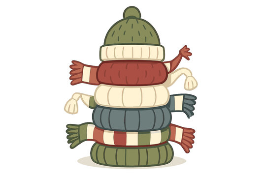 Whimsical tower of cozy winter accessories including knitted hats and striped scarves