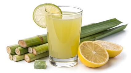 A vibrant glass of sugarcane juice with lemon, surrounded by sugarcane stalks and lemon slices, , a healthy and energizing drink