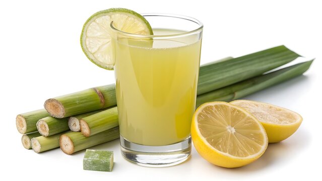 A vibrant glass of sugarcane juice with lemon, surrounded by sugarcane stalks and lemon slices, , a healthy and energizing drink