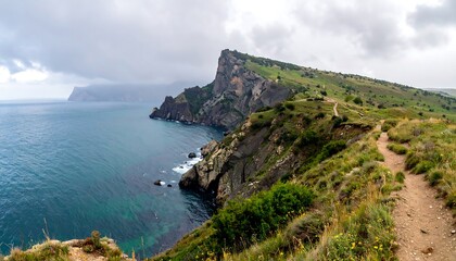 Coastal landscape showcases a dramatic cliffside path overlooking tranquil turquoise waters