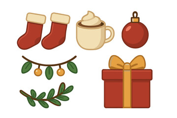 Festive Christmas holiday elements collection featuring stockings, gift box, hot cocoa, and greenery