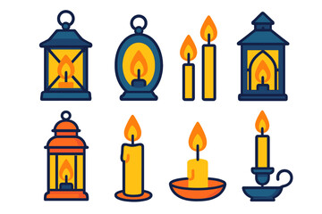 Set of glowing candles and decorative lanterns featuring different shapes and styles