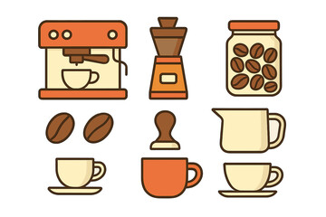 Coffee shop equipment and beverage set featuring espresso machine, grinder, cups, and beans