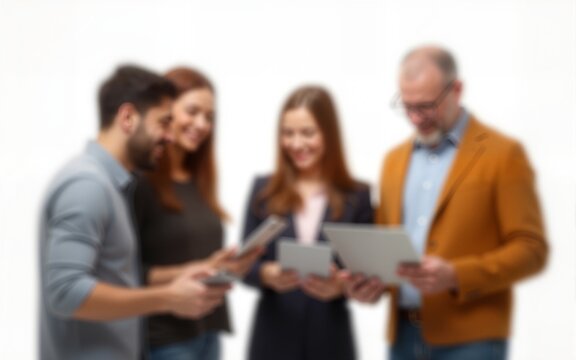Diverse Team of Professionals Collaborating on Digital Marketing Campaign in Warm Studio Lighting with Motion Blur on White Background. High quality