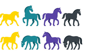 Group of eight stylized horses in four colors showing different movements and postures