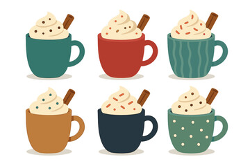 Six colorful mugs of hot cocoa topped with whipped cream and cinnamon