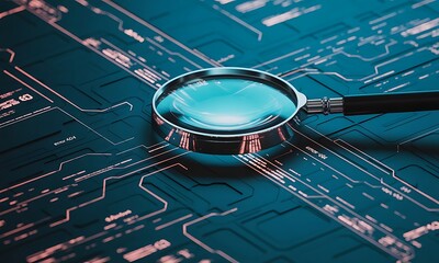 Magnifying Glass Over Circuit Board - Technology and Data Analysis Concept.