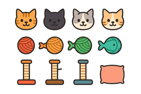 Cute domestic cat faces and essential pet supplies like scratching posts and yarn toys