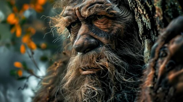 An early human ancestor, resembling a stone age man, is seen near a tree. The ancient hominid observes his surroundings, with a dense forest as the backdrop in this short video