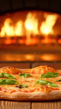 Mouthwatering Italian pizza Margherita slice with gooey mozzarella, fresh basil and ripe tomato, warm from a wood fired brick oven glowing with cozy flame and crisp crust