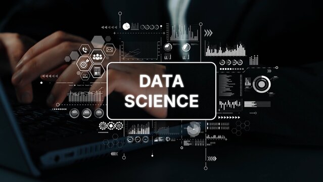 Hands Typing on Laptop with Data Science Graphics and Metrics Overlay for Technology and Analytics Themes. Asymptotic smart data analytic.