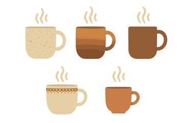 Set of five steaming coffee mugs in warm brown and beige colors with various patterns