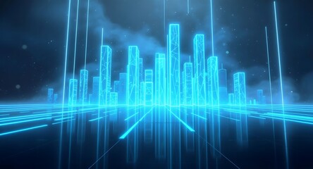 Abstract digital city skyline with glowing neon lines and futuristic technology.