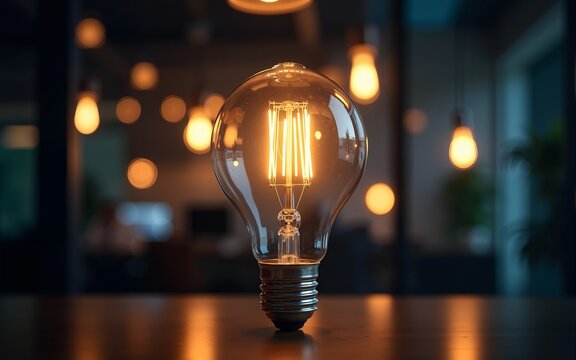 Lightbulb innovation idea creativity inspiration office workspace modern glowing energy concept focus technology bright solution business professional workplace design efficiency clear glass