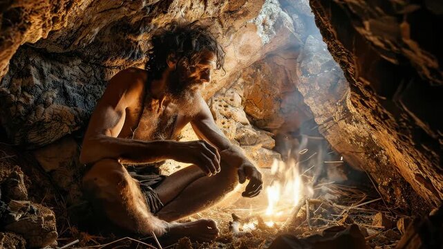 An early human rests inside a cave, next to a fire. He appears to be an ancient human or a prehistoric human, representing a cave dweller lifestyle for early hominid