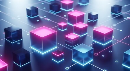 Abstract Network Connection Background Featuring Glowing Pink and Blue Cubes - Data Transmission and Artificial Intelligence Concept - Futuristic Technology