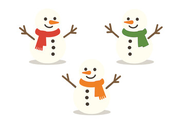 Group of cheerful snowmen characters with carrot noses and stick arms wearing bright winter scarves