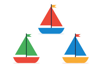 Three colorful stylized sailing boats with masts and flags in simple flat design