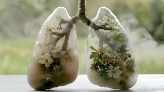 A representation of healthy lungs with white flowers gradually becoming unhealthy. A mist obscures the view, showing a comparison of healthy and damaged lungs in this representation of asthma