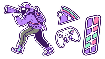A gamer character with a megaphone and a backpack, surrounded by gaming icons, creating a vibrant and playful composition