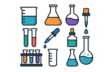 Colorful chemistry laboratory glassware and equipment icons set including beakers and test tubes