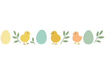 Cute Easter border with pastel eggs, adorable baby chicks, and green foliage