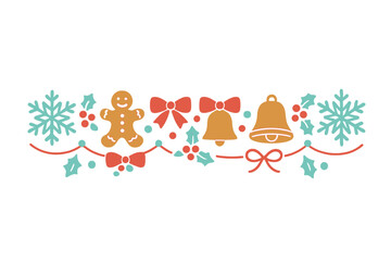 Christmas border with gingerbread man, snowflakes, bells, bows, and holly berries on white