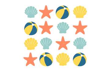 Colorful seamless pattern of summer beach elements including seashells and starfish