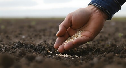 Close-up of a hand sowing seeds in fertile soil, planting for growth.