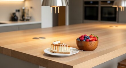 A delicious slice of caramel cheesecake with fresh strawberries and blueberries in a wooden bowl on a modern kitchen island countertop