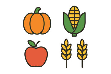 Simple outline style icons of autumn harvest produce: pumpkin, corn,, and wheat
