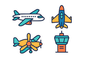 Set of colorful aviation symbols: passenger jet, propeller plane, fighter aircraft, and control tower