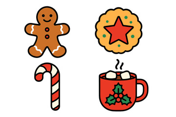 Festive holiday treats set with gingerbread man, candy cane, star cookie, and hot cocoa