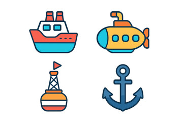 Colorful collection of maritime symbols: passenger ship, yellow submarine, navigational buoy, and anchor