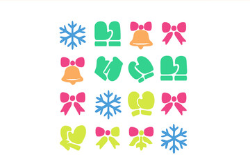 Vibrant assortment of festive winter symbols featuring snowflakes, mittens, decorative bows, and holiday bells