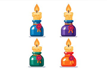 Four colorful magic potion bottles with burning candles and wax seals