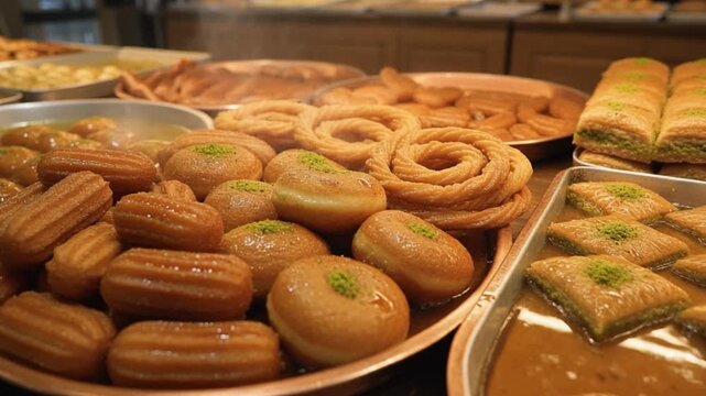  A rich assortment of traditional hot Turkish desserts, including baklava, tulumba, and halka tatlısı, displayed fresh and syrupy in metal trays at a sweets shop.