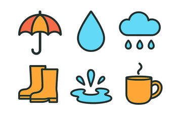 Set of simple icons depicting rainy season elements like umbrella, boots, cloud, and hot beverage