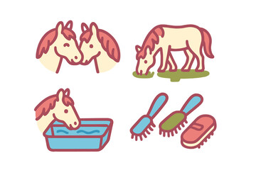 Horse care activities and grooming tools set featuring animals grazing, drinking, and interacting