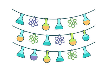 Colorful science laboratory equipment banner with flasks and atomic symbols hanging on strings