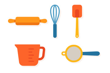 Collection of essential kitchen baking tools including rolling pin whisk spatula measuring cup and sieve