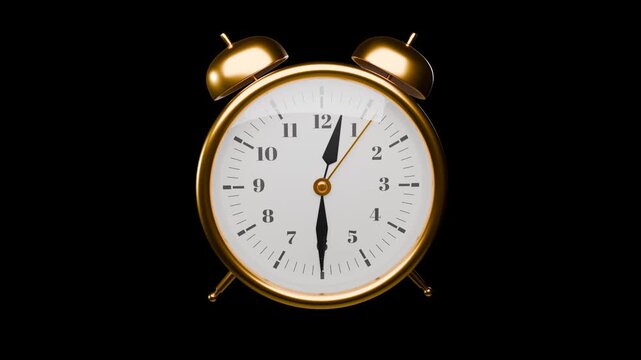 gold analog alarm clock 3d animation on a black background, 12am to 1 pm
