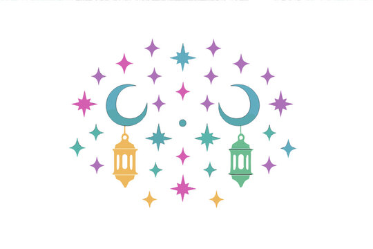 Decorative design with twin crescent moons and hanging lanterns among colorful sparkling stars