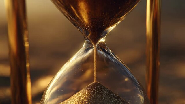 Closeup of golden sand flowing through an hourglass, symbolizing time passing
