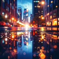 Street view in a city at dusk, with blurred lights reflecting on a wet road, tall buildings line the sides. Rain is falling, enhancing the blurry effect