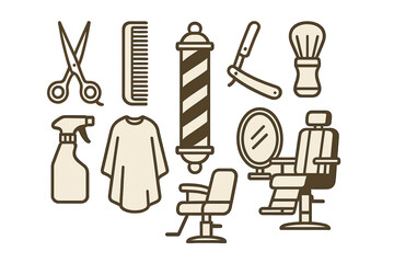 Essential barbershop tools and equipment collection featuring chair, pole, scissors, and razor